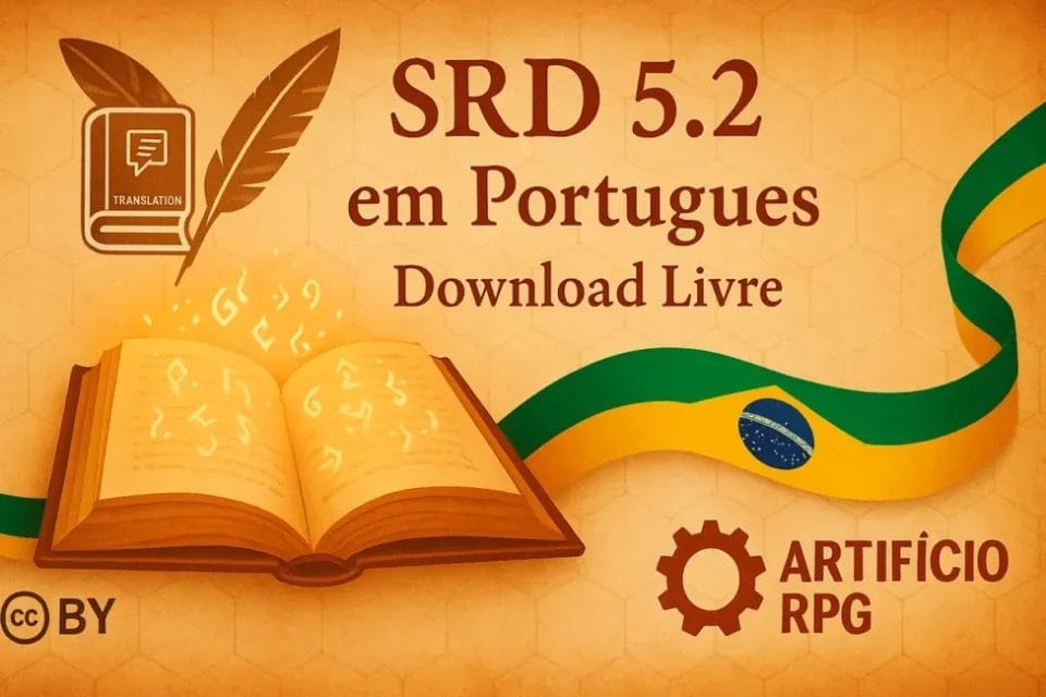 Banner “SRD 5.2 em Português – Download Livre” com livro mágico, bandeira do Brasil e logomarca Artifício RPG.