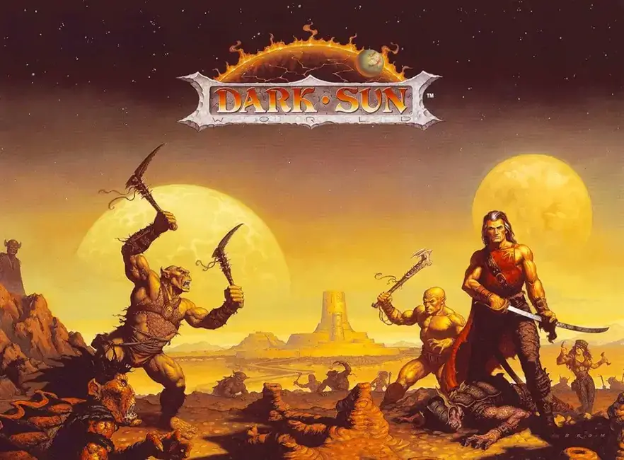 Cena do cenário psiônico de Dark Sun com guerreiros e deserto místico; base de tradução e análise do conteúdo psiônico de D&D