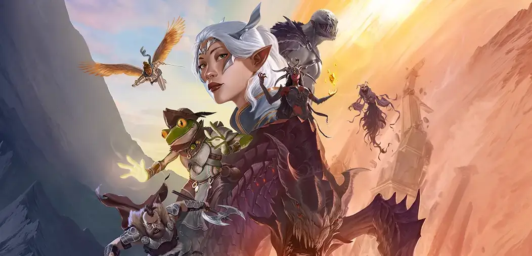 Personagens de fantasia reunidos em pose épica com criaturas mágicas e cenário montanhoso