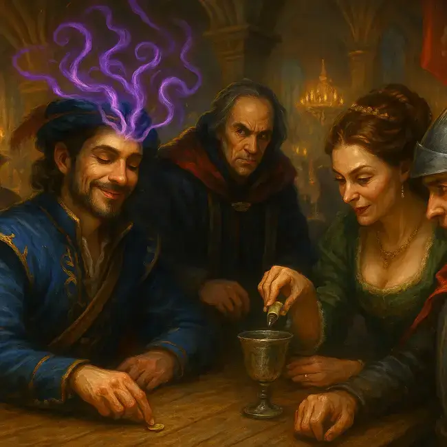 Magia de leitura mental sendo usada discretamente por um personagem sorridente em meio a uma negociação tensa com nobres, ilustrada com feixes púrpuras e atmosfera renascentista.