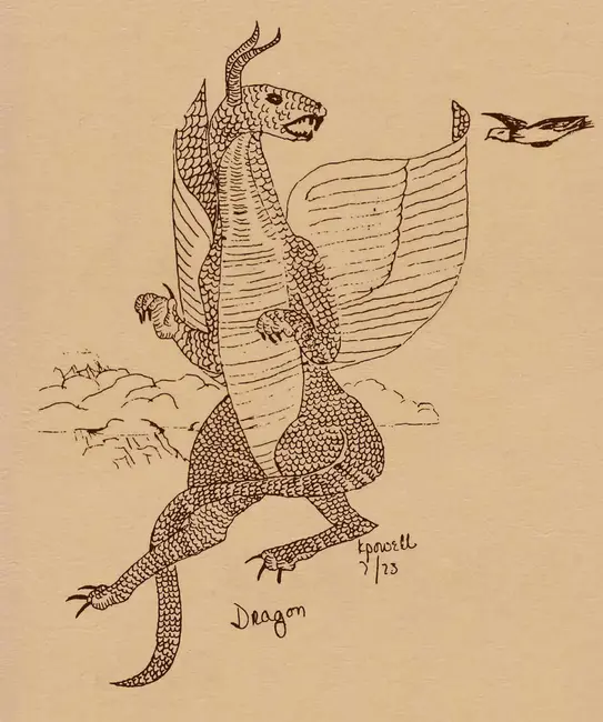 Arte original do dragão de D&D 1974 por Keenan Powell, publicada na contracapa de "The Underworld & Wilderness Adventures".